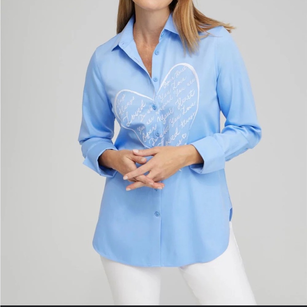 Chico's No Iron Stretch Embroidered Heart Blue Shirt Size 8